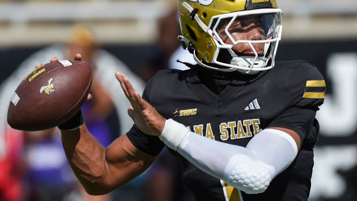 Alabama State quarterback Andrew Body (1) wams up before the Miles College game in Montgomery, Ala., on Saturday September 13, 2025.