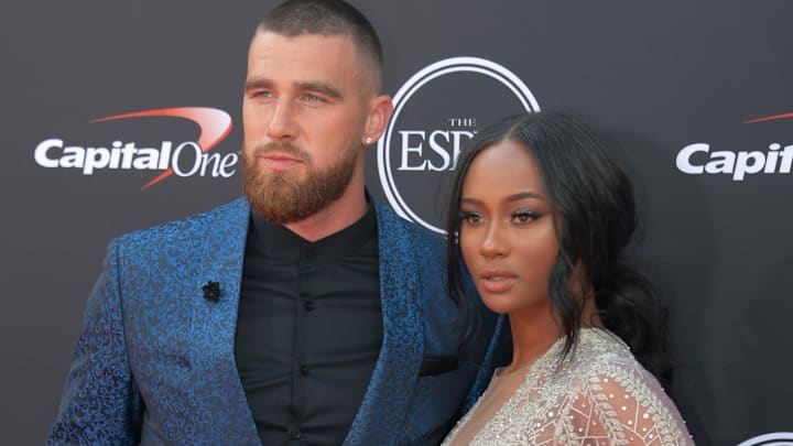 Jul 18, 2018; Los Angeles, CA, USA; Kansas City Chiefs tight end Travis Kelce and Kayla Nicole arrive for the 2018 ESPYS at Microsoft Theatre.
