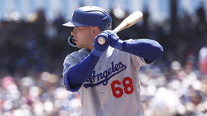Apr 23, 2026; San Francisco, California, USA; Los Angeles Dodgers catcher Dalton Rushing (68) at bat against the San Francisco Giants during the second inning at Oracle Park. Mandatory Credit: Kelley L Cox-Imagn Images
