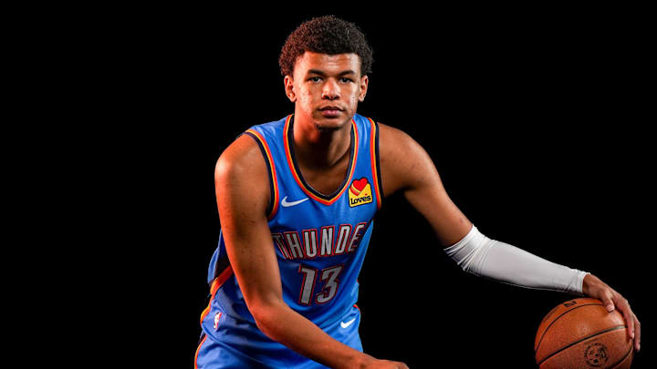 Oklahoma City forward Ousmane Dieng (13) poses for a photo shoot during Thunder media day at Paycom Center in Oklahoma City on Monday, Sept. 29, 2025.