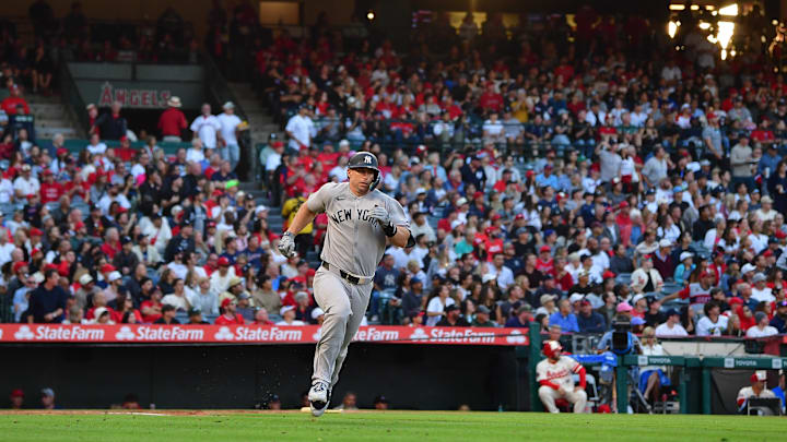 May 27, 2025; Anaheim, California, USA; New York Yankees first baseman Paul Goldschmidt (48) runs after hitting a double against the Los Angeles Angels during the third inning at Angel Stadium. Mandatory Credit: Gary A. Vasquez-Imagn Images