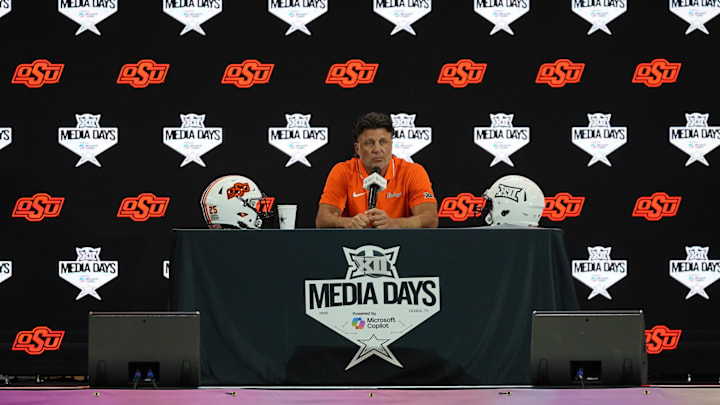 Jul 9, 2025; Frisco, TX, USA; Oklahoma State head coach Mike Gundy speaks with the media during 2025 Big 12 Football Media Days at The Star. Mandatory Credit: Raymond Carlin III-Imagn Images