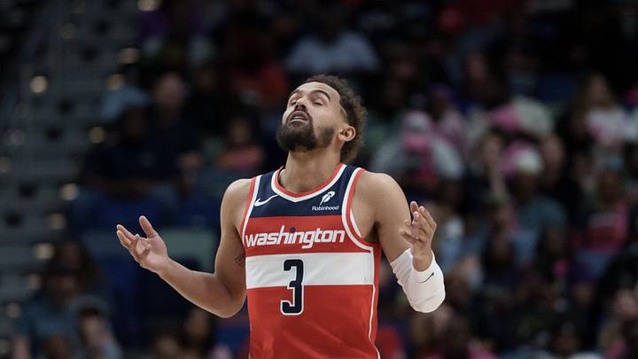 Mar 8, 2026; New Orleans, Louisiana, USA; Washington Wizards guard Trae Young (3) reacts after a three-point basket against the New Orleans 
