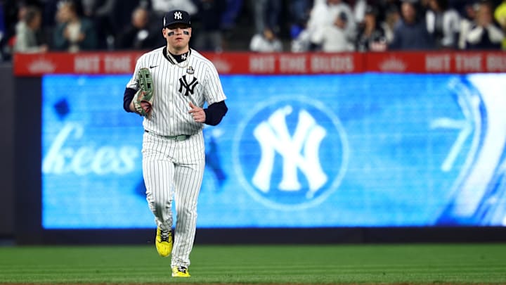 Oct 29, 2024; Bronx, New York, USA; New York Yankees outfielder Alex Verdugo (24) runs off the field against the Los Angeles Dodgers in the third inning during game four of the 2024 MLB World Series at Yankee Stadium. Mandatory Credit: Vincent Carchietta-Imagn Images