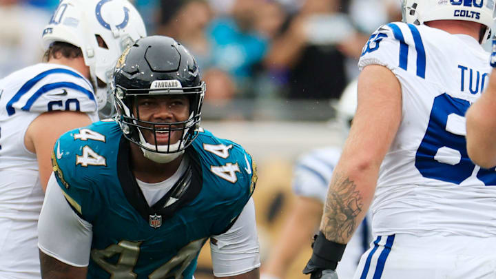 Jacksonville Jaguars defensive end Travon Walker (44) reacts to his sack on Indianapolis Colts quarterback Joe Flacco (15) during the fourth quarter of an NFL football matchup Sunday, Oct. 6, 2024 at EverBank Stadium in Jacksonville, Fla. The Jaguars edged the Colts on a field goal 37-34. 