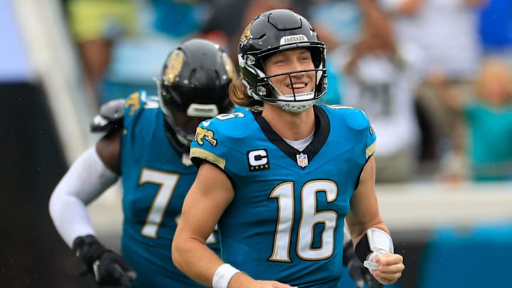 Jacksonville Jaguars quarterback Trevor Lawrence (16) reacts to a long catch and run from wide receiver Christian Kirk (13), not shown, during the fourth quarter of an NFL football matchup Sunday, Oct. 6, 2024 at EverBank Stadium in Jacksonville, Fla. The Jaguars edged the Colts on a field goal 37-34. [Corey Perrine/Florida Times-Union]