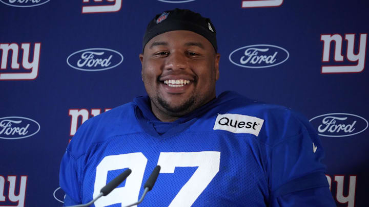 Nov 8, 2024; Munich, Germany; New York Giants defensive tackle Dexter Lawrence II (97) during a press conference at the FC Bayern Munchen training grounds at Sabener Strasse. Nov 8, 2024; Munich, Germany; New York Giants defensive tackle Dexter Lawrence II (97) during a press conference at the FC Bayern Munchen training grounds at Sabener Strasse.
