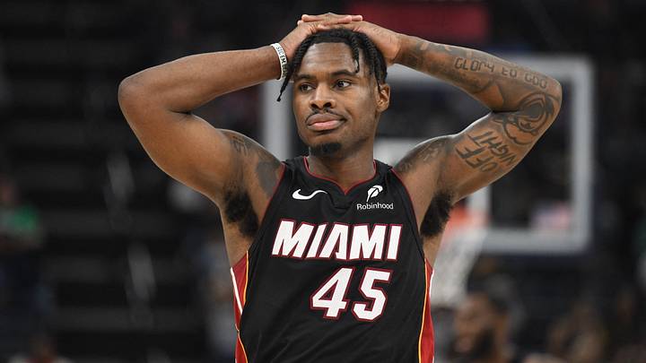 Mar 15, 2025; Memphis, Tennessee, USA; Miami Heat point guard Davion Mitchell (45) reacts after turning the ball over in the fourth quarter of the game against the Miami Heat at FedExForum. Mandatory Credit: Matthew Smith-Imagn Images
