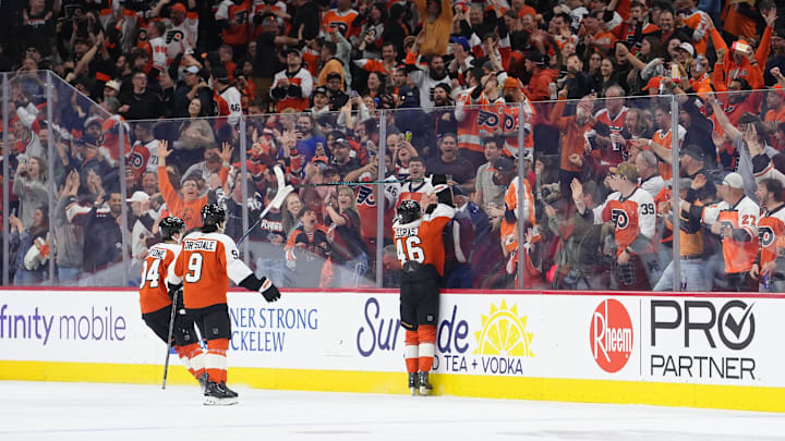 Apr 13, 2026; Philadelphia, Pennsylvania, USA; Philadelphia Flyers center Trevor Zegras (46) reacts after scoring a goal against the Carolina Hurricanes in the second period at Xfinity Mobile Arena.