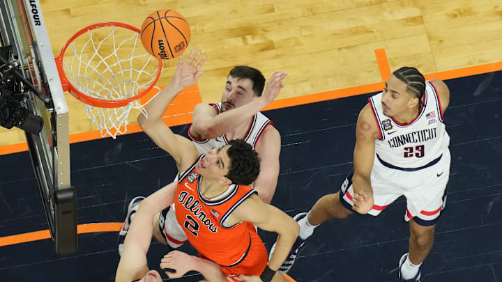 Apr 4, 2026; Indianapolis, IN, USA; Illinois Fighting Illini guard Andrej Stojakovic (2) shoots against the Connecticut Huskies in the second half during a semifinal of the Final Four of the men's 2026 NCAA Tournament at Lucas Oil Stadium. Mandatory Credit: Robert Deutsch-Imagn Images