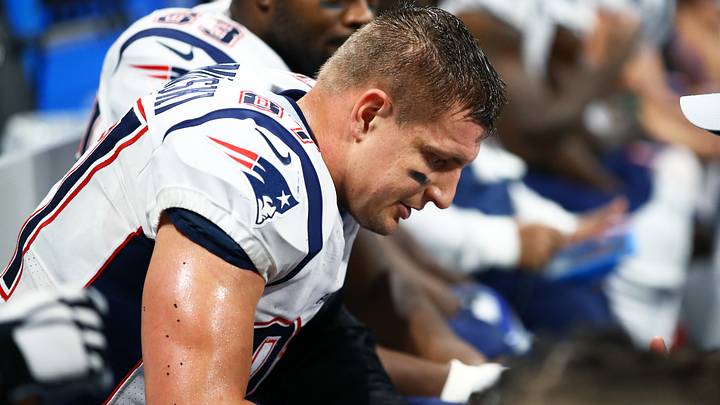 Feb 3, 2019; Atlanta, GA, USA; New England Patriots tight end Rob Gronkowski (87) reacts against the Los Angeles Rams in Super Bowl LIII at Mercedes-Benz Stadium. Mandatory Credit: Mark J. Rebilas-USA TODAY Sports