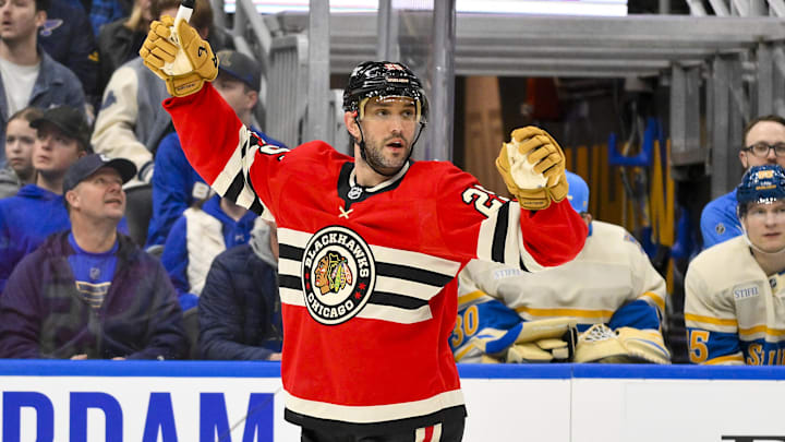 Feb 8, 2025; St. Louis, Missouri, USA;  Chicago Blackhawks defenseman Alec Martinez (25) reacts after scoring against the St. Louis Blues during the third period at Enterprise Center. Mandatory Credit: Jeff Curry-Imagn Images