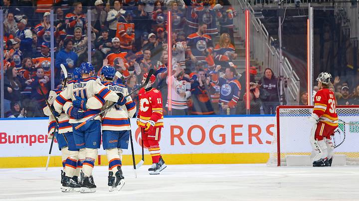 Oct 28, 2026; Edmonton, Alberta, CAN;  The Edmonton Oilers celebrate a goal scored by   defensemen Mattias Ekholm (14) during the second period against the Calgary Flames at Rogers Place.  Mandatory Credit: Perry Nelson-Imagn Images