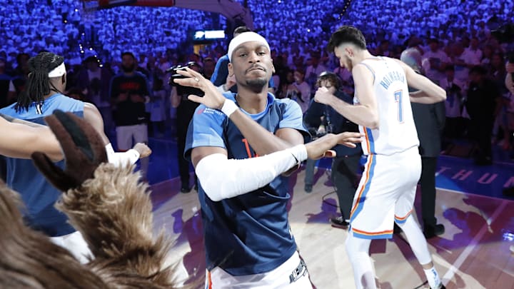Apr 20, 2025; Oklahoma City, Oklahoma, USA; Oklahoma City Thunder guard Shai Gilgeous-Alexander (2) during introductions before a game against the Memphis Grizzlies at Paycom Center. Mandatory Credit: Alonzo Adams-Imagn Images