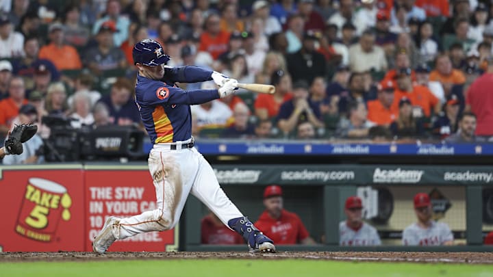 Sep 22, 2024; Houston, Texas, USA; Houston Astros third baseman Alex Bregman (2) hits a home run during the fifth inning against the Los Angeles Angels at Minute Maid Park. Sep 22, 2024; Houston, Texas, USA; Houston Astros third baseman Alex Bregman (2) hits a home run during the fifth inning against the Los Angeles Angels at Minute Maid Park.