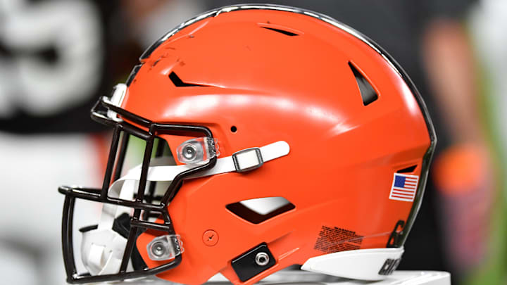 Aug 17, 2023; Philadelphia, Pennsylvania, USA; Cleveland Browns helmet on the sidelines against the Philadelphia Eagles during the second quarter at Lincoln Financial Field. Mandatory Credit: Eric Hartline-Imagn Images