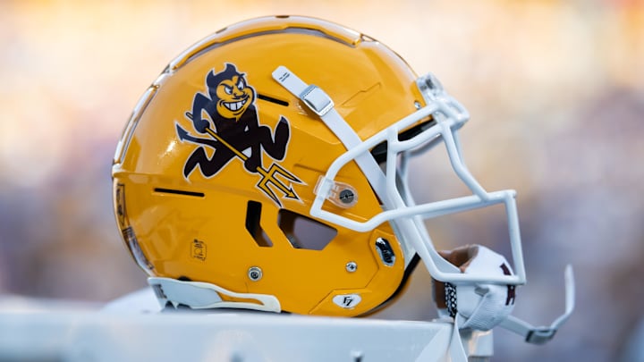 Nov 23, 2024; Tempe, Arizona, USA; Detailed view of an Arizona State Sun Devils helmet at Mountain America Stadium. Mandatory Credit: Mark J. Rebilas-Imagn Images