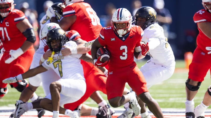 Oct 19, 2024; Tucson, Arizona, USA; Arizona Wildcats running back Kedrick Reescano (3) against the Colorado Buffalos at Arizona Stadium. Mandatory Credit: Mark J. Rebilas-Imagn Images
