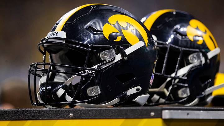 Dec 4, 2021; Indianapolis, IN, USA; Detailed view of Iowa Hawkeyes helmet on the sidelines in the Big Ten Conference championship game at Lucas Oil Stadium. Mandatory Credit: Mark J. Rebilas-USA TODAY Sports Dec 4, 2021; Indianapolis, IN, USA; Detailed view of Iowa Hawkeyes helmet on the sidelines in the Big Ten Conference championship game at Lucas Oil Stadium. Mandatory Credit: Mark J. Rebilas-USA TODAY Sports