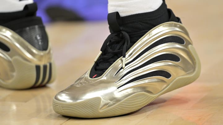 Dec 16, 2024; Inglewood, California, USA; Detailed view of the basketball sneakers worn by Los Angeles Clippers guard James Harden (1) against the Utah Jazz at Intuit Dome. 