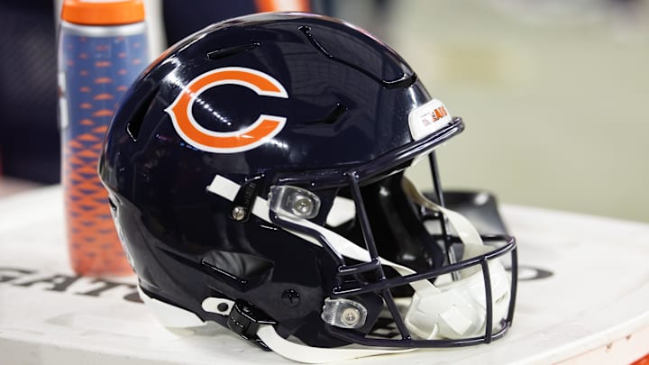 Nov 3, 2024; Glendale, Arizona, USA; Detailed view of a Chicago Bears helmet at State Farm Stadium. Mandatory Credit: Mark J. Rebilas-Imagn Images