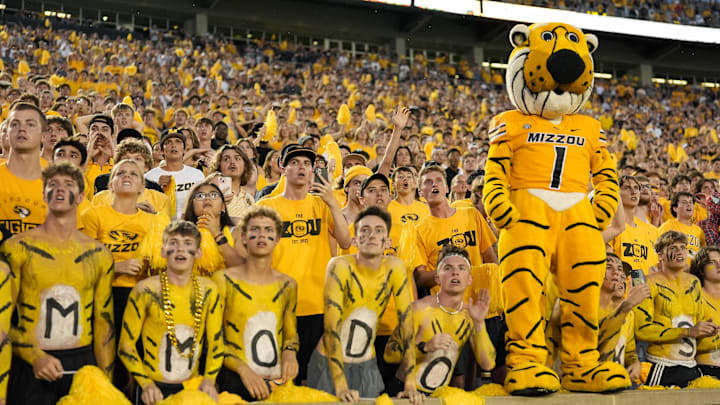 Sep 21, 2024; Columbia, Missouri, USA; The Missouri Tigers student section watches as Vanderbilt Commodores place kicker Brock Taylor (not pictured) misses a field goal to end the game during overtime at Faurot Field at Memorial Stadium. Mandatory Credit: Jay Biggerstaff-Imagn Images