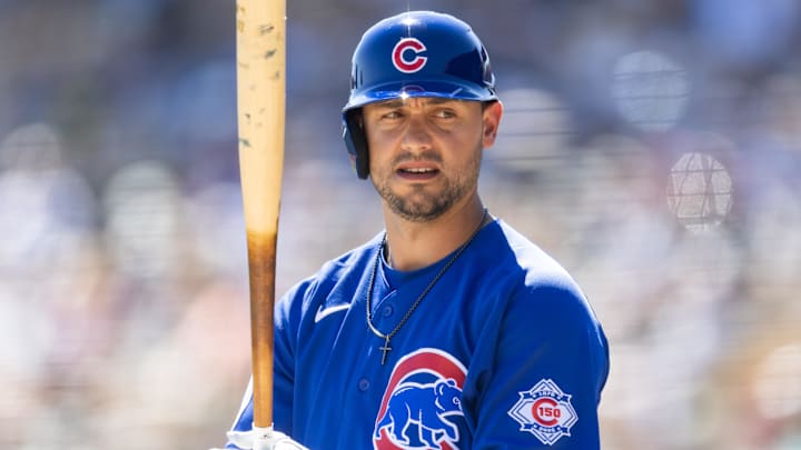 Mar 13, 2026; Phoenix, Arizona, USA; Chicago Cubs outfielder Michael Conforto against the Chicago White Sox during a spring training game at Camelback Ranch-Glendale. Mandatory Credit: Mark J. Rebilas-Imagn Images