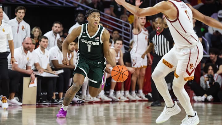 Feb 1, 2025; Los Angeles, California, USA;  Michigan State Spartans guard Jeremy Fears Jr. (1) dribbles down court against the USC Trojans at the Galen Center. Mandatory Credit: William Navarro-Imagn Images