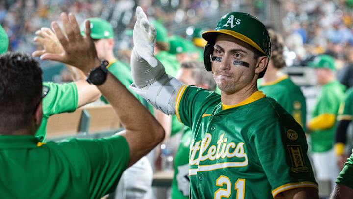 Jul 11, 2025; West Sacramento, California, USA; Athletics outfielder Tyler Soderstrom (21) celebrates with teammates after hitting a home run against the Toronto Blue Jays during the sixth inning at Sutter Health Park. Mandatory Credit: Ed Szczepanski-Imagn Images
