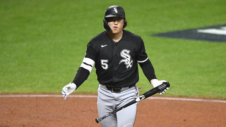 Oct 10, 2026; Cleveland, Ohio, USA;  Chicago White Sox first baseman Munetaka Murakami (5) reacts after striking out during the fourth inning against the Cleveland Guardians in game five of the ALDS for the 2026 MLB Playoffs at Progressive Field.  Mandatory Credit: David Richard-Imagn Images