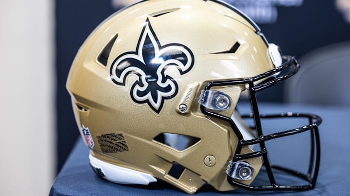 Mar 11, 2023; Metairie, LA, USA;  Detailed view of New Orleans Saints helmet at Ochsner Sports Performance Center. Mandatory Credit: Stephen Lew-Imagn Images