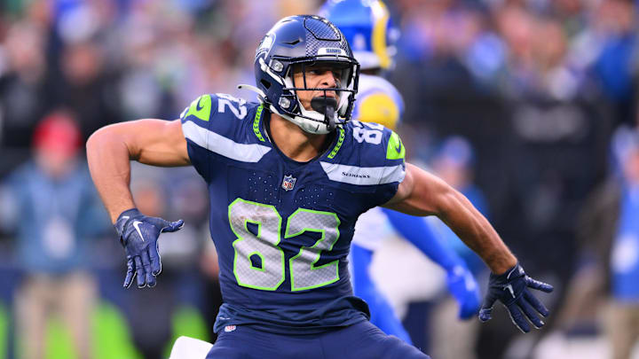 Nov 3, 2024; Seattle, Washington, USA; Seattle Seahawks wide receiver Cody White (82) celebrates after making a catch against the Los Angeles Rams during the second half at Lumen Field. Mandatory Credit: Steven Bisig-Imagn Images