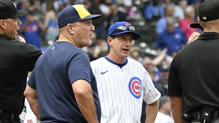 Aug 18, 2025; Chicago, Illinois, USA;  Milwaukee Brewers manager Pat Murphy (49), left, and Chicago Cubs manager Craig Counsell (11) before the game at Wrigley Field. Mandatory Credit: Matt Marton-Imagn Images