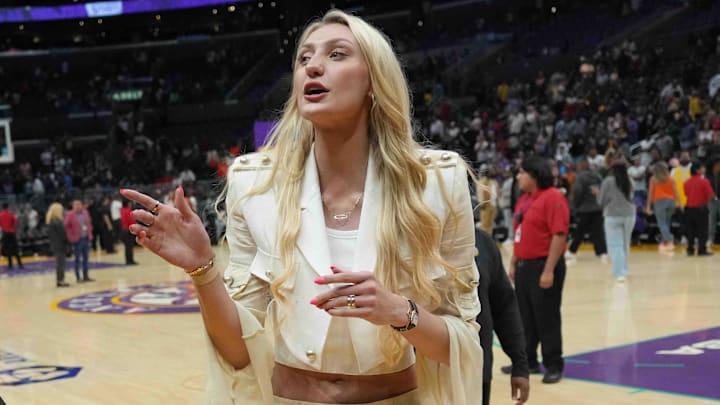 LA Sparks forward Cameron Brink leaves the floor after the game against the Las Vegas Aces at Crypto.com Arena. LA Sparks forward Cameron Brink leaves the floor after the game against the Las Vegas Aces at Crypto.com Arena.