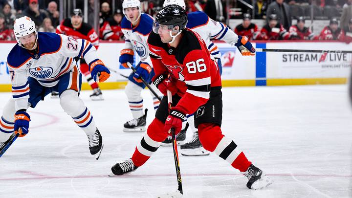 Oct 18, 2025; Newark, New Jersey, USA; New Jersey Devils center Jack Hughes (86) shoots and scores a goal against the Edmonton Oilers during the second period at Prudential Center. Mandatory Credit: John Jones-Imagn Images