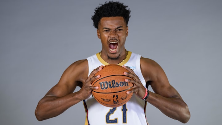 Sep 30, 2024; New Orleans, LA, USA; New Orleans Pelicans center Yves Missi (21) takes part in Pelicans Media Day. Mandatory Credit: Matthew Hinton-Imagn Images