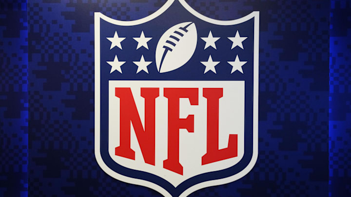 Oct 17, 2024; London, United Kingdom; The NFL shield logo at the NFL Shop at Wembley Stadium. Mandatory Credit: Kirby Lee-Imagn Images