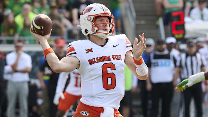 Sep 6, 2025; Eugene, Oregon, USA; Oklahoma State Cowboys quarterback Zane Flores (6) throws a pass during the second half against the Oregon Ducks at Autzen Stadium. Mandatory Credit: Troy Wayrynen-Imagn Images Sep 6, 2025; Eugene, Oregon, USA; Oklahoma State Cowboys quarterback Zane Flores (6) throws a pass during the second half against the Oregon Ducks at Autzen Stadium. Mandatory Credit: Troy Wayrynen-Imagn Images