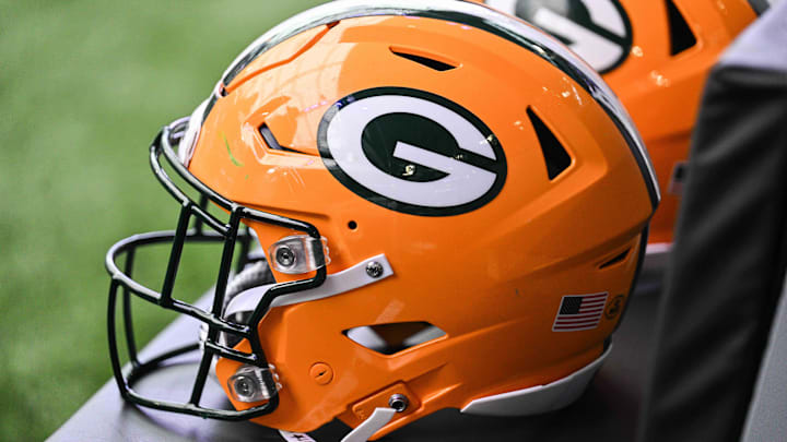 Dec 29, 2024; Minneapolis, Minnesota, USA;  A Green Bay Packers helmet sits ready before the game against the Minnesota Vikings at U.S. Bank Stadium. Mandatory Credit: Jeffrey Becker-Imagn Images