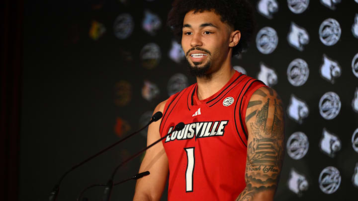 Oct 8, 2025; Charlotte, NC, USA; Louisville player J'Vonne Hadley answers questions from the media at The Hilton Charlotte Uptown. Mandatory Credit: William Howard-Imagn Images