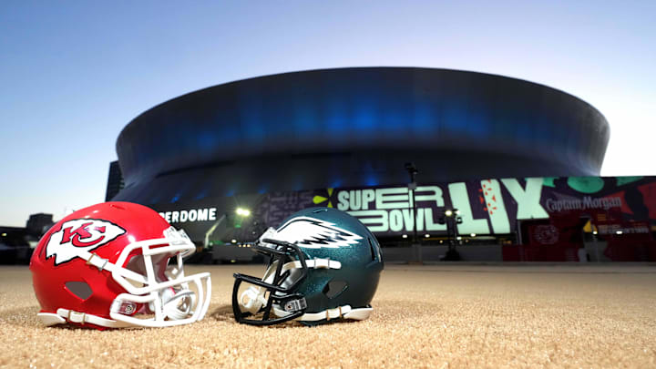Feb 7, 2025; New Orleans, LA, USA; A general overall view of Kansas City Chiefs and Philadelphia Eagles helmets at the Caesars Superdome, the site of the Super Bowl LIX between the Kansas City Chiefs and the Philadelphia Eagles. Mandatory Credit: Kirby Lee-Imagn Images Feb 7, 2025; New Orleans, LA, USA; A general overall view of Kansas City Chiefs and Philadelphia Eagles helmets at the Caesars Superdome, the site of the Super Bowl LIX between the Kansas City Chiefs and the Philadelphia Eagles. Mandatory Credit: Kirby Lee-Imagn Images