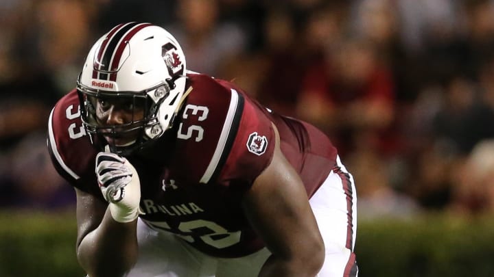 Sep 6, 2014; Columbia, SC, USA; South Carolina Gamecocks offensive tackle Corey Robinson (53) lines up during game action between the South Carolina Gamecocks and East Carolina Pirates at Williams-Brice Stadium. South Carolina wins 33-23 over East Carolina. Mandatory Credit: Jim Dedmon-USA TODAY Sports Sep 6, 2014; Columbia, SC, USA; South Carolina Gamecocks offensive tackle Corey Robinson (53) lines up during game action between the South Carolina Gamecocks and East Carolina Pirates at Williams-Brice Stadium. South Carolina wins 33-23 over East Carolina. Mandatory Credit: Jim Dedmon-USA TODAY Sports