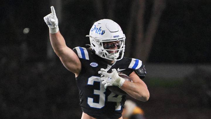 Nov 29, 2025; Durham, North Carolina, USA; Duke Blue Devils linebacker Luke Mergott (34) reacts after recovering a fumble against the Wake Forest Demon Deacons during the fourth quarter at Wallace Wade Stadium. Mandatory Credit: Zachary Taft-Imagn Images Nov 29, 2025; Durham, North Carolina, USA; Duke Blue Devils linebacker Luke Mergott (34) reacts after recovering a fumble against the Wake Forest Demon Deacons during the fourth quarter at Wallace Wade Stadium. Mandatory Credit: Zachary Taft-Imagn Images