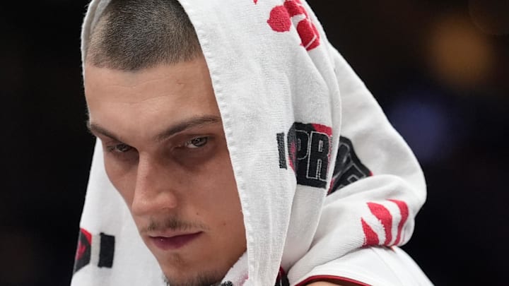 Miami Heat guard Tyler Herro (14) looks on during a timeout  (Mandatory Credit: John E. Sokolowski-Imagn Images)