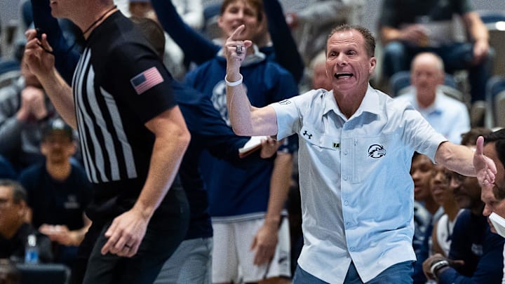 North Florida Ospreys head coach Matthew Driscoll reacts to a call in the first half. Jacksonville University played University of North Florida Thursday night, February 20, 2025 in the River City Rumble in Jacksonville, Fl. JU lead 35-34 over UNF at the half. [Doug Engle/Florida Times-Union]2025