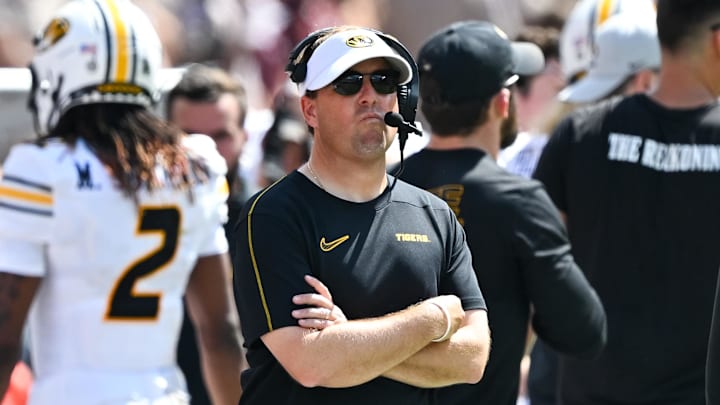 Oct 5, 2024; College Station, Texas, USA; Missouri Tigers head coach Eli Drinkwitz looks on In the third quarter against the Texas A&M Aggies at Kyle Field. Mandatory Credit: Maria Lysaker-Imagn Images. 