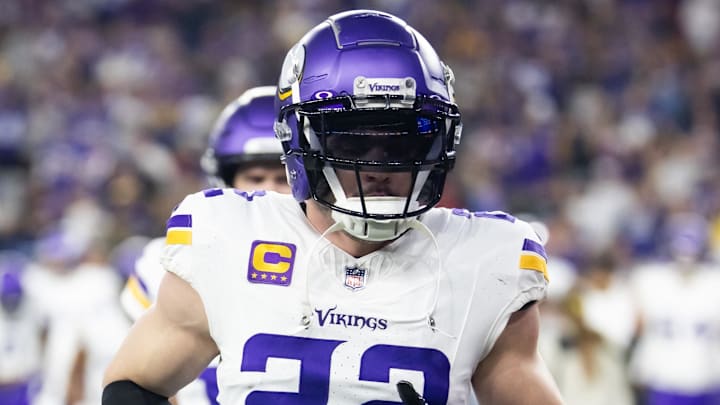 Jan 13, 2025; Glendale, AZ, USA; Minnesota Vikings safety Harrison Smith (22) against the Los Angeles Rams during an NFC wild card game at State Farm Stadium. Mandatory Credit: Mark J. Rebilas-Imagn Images