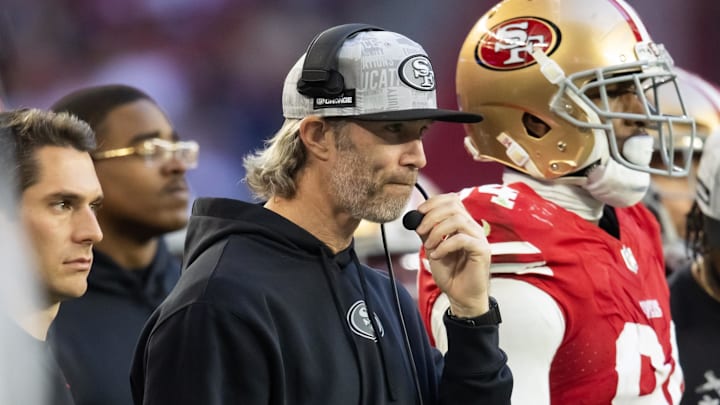 Dec 17, 2023; Glendale, Arizona, USA; San Francisco 49ers defensive passing game specialist coach Nick Sorensen against the Arizona Cardinals at State Farm Stadium. Mandatory Credit: Mark J. Rebilas-USA TODAY Sports
