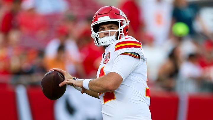Aug 22, 2026; Tampa, Florida, USA; Kansas City Chiefs quarterback Garrett Nussmeier (14) warms up before a preseason game against the Tampa Bay Buccaneers at Raymond James Stadium. Mandatory Credit: Nathan Ray Seebeck-Imagn Images