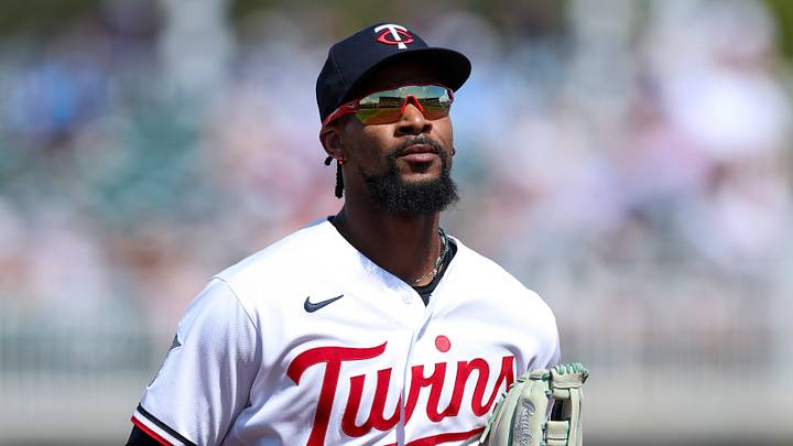 Feb 27, 2026; Fort Myers, Florida, USA; Minnesota Twins center fielder Byron Buxton (25) runs off the field after the first inning against the New York Yankees during spring training at Lee Health Sports Complex/Hammond Stadium. Mandatory Credit: Nathan Ray Seebeck-Imagn Images